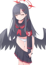  absurdres armband black_choker black_gloves black_hair black_sailor_collar black_serafuku black_skirt black_wings blue_archive blush choker closed_eyes collarbone commentary female gloves hair_ornament hairclip halo highres ichika_(blue_archive) lace-trimmed_panties lace_trim long_hair long_sleeves low_wings mizusaki_(kn27) navel neckerchief panties pleated_skirt red_armband red_neckerchief safety_pin sailor_collar school_uniform serafuku skirt solo sweat underwear undressing white_panties wings 