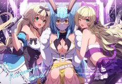  animal_ears anniversary azur_lane bare_shoulders black_pantyhose blonde_hair blue_dress blue_hair boise_(azur_lane) boise_(muse)_(azur_lane) breast_strap breasts cat_ears cleavage corset dress fake_animal_ears female highres holding idol idol_clothes kongou_(azur_lane) kongou_(muse)_(azur_lane) large_breasts le_temeraire_(azur_lane) le_temeraire_(muse)_(azur_lane) long_hair long_sleeves looking_at_viewer mask mouth_mask official_alternate_costume pantyhose pleated_skirt rabbit_ears red_eyes ribbon see-through see-through_dress sideless_shirt skirt t@ke-g very_long_hair vest white_mask 