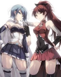  2girls arm_on_another&#039;s_shoulder armpits black_shirt blue_eyes blue_hair blue_skirt blue_sleeves breasts gloves hand_on_own_hip highres jacket looking_at_viewer magical_girl mahou_shoujo_madoka_magica mahou_shoujo_madoka_magica_(anime) miki_sayaka miki_sayaka_(magical_girl) misteor multiple_girls ponytail red_eyes red_hair red_jacket red_skirt sakura_kyoko sakura_kyoko_(magical_girl) shirt skirt strapless white_background white_gloves white_shirt 