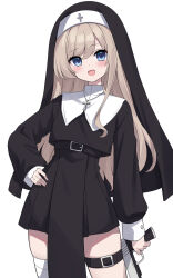  :d belt black_belt black_dress blonde_hair blue_eyes blush commentary_request commission cowboy_shot cross cross_necklace dress female gun hand_on_own_hip highres holding holding_gun holding_weapon indie_virtual_youtuber jewelry long_hair long_sleeves looking_at_viewer necklace nun open_mouth pixiv_commission simple_background single_thighhigh smile solo standing thigh_belt thigh_strap thighhighs weapon white_background white_thighhighs yumeka_alice zeatto 