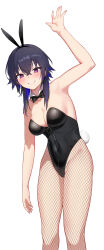  animal_ears arm_up black_hair black_leotard blue_hair bow bowtie breasts detached_collar fake_animal_ears fake_tail female fishnets hair_between_eyes highleg highleg_leotard highres ichinose_uruha leotard looking_at_viewer medium_breasts multicolored_hair playboy_bunny purple_eyes rabbit_ears rabbit_tail simple_background smile solo strapless strapless_leotard tail virtual_youtuber vspo! white_background zenkou_ex 