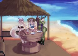  absurd_res anthro beach bikini clothed clothing cooking digital_media_(artwork) dinah_(unicorn_overlord) female fur goat_tavern_owner_(unicorn_overlord) group hair hi_res outside ramona_(unicorn_overlord) sand seaside sky smile swimwear traknoch trio two-piece_swimsuit unicorn_overlord vanillaware water white_body white_fur white_hair 