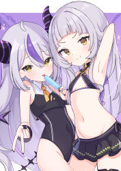  2girls absurdres ahoge alternate_costume arm_up armpits ascot bikini bikini_skirt black_bikini black_nails black_skirt blush brown_eyes commentary_request covered_navel cowboy_shot criss-cross_halter flat_chest food grey_hair halterneck highres hololive horns ichipon1515 la+_darknesss long_hair looking_at_viewer multicolored_hair multiple_girls murasaki_shion murasaki_shion_(hololive_summer_2019) nail_polish navel official_alternate_costume one-piece_swimsuit popsicle purple_hair skirt smile streaked_hair swimsuit tail tongue tongue_out v virtual_youtuber yellow_ascot yellow_eyes 