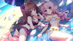  2girls ahoge arm_ribbon ass barefoot beach beach_umbrella bikini bikini_skirt black_bikini blanket blonde_hair blue_eyes blue_sky bow braid breasts bridal_garter brown_hair cleavage closed_mouth crown_braid day dot_nose dutch_angle falling_petals feet film_grain flower frilled_bikini frills game_cg hair_flower hair_intakes hair_ornament hairbow hand_on_own_chin horizon izumi_tsubasu layered_bikini long_hair looking_at_viewer lying medium_breasts mole mole_under_each_eye mole_under_eye multiple_girls multiple_moles navel non-web_source ocean off-shoulder_bikini off_shoulder official_art on_side on_stomach outdoors parted_lips petals plaid_bikini plaid_clothes purple_eyes purple_flower purple_rose re:stage! red_bikini red_bow red_ribbon ribbon rose shade shikimiya_aone shiratori_amaha_(re:stage!) sky smile sparkle striped_bikini striped_clothes sunlight swimsuit umbrella vertical-striped_bikini vertical-striped_clothes white_bikini white_bow white_flower white_petals 