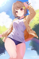  absurdres blue_buruma blurry blurry_background blush brown_hair buruma commentary_request curio_(curiofinity) day female gym_shirt gym_uniform hair_ornament highres jacket long_sleeves looking_at_viewer multicolored_hair open_clothes open_jacket open_mouth outdoors red_eyes running salute sendo_yuuhi shirt short_hair signature solo streaked_hair sweat thighs virtual_youtuber vspo! white_shirt yellow_jacket 