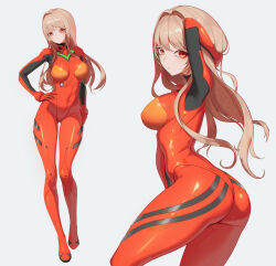  absurdres ass blush bodysuit breasts brown_hair cosplay elias2art female goddess_of_victory:_nikke highres large_breasts long_hair looking_at_viewer multicolored_bodysuit multicolored_clothes pilot_suit plugsuit rapi_(nikke) red_bodysuit red_eyes simple_background skin_tight solo souryuu_asuka_langley souryuu_asuka_langley_(cosplay) standing 