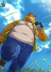  2024 absurd_res anthro black_nose bottomwear brown_body camera canid canine clothing cloud detailed_background eyewear glasses hi_res kemono kounosuke_(morenatsu) male mammal mesidukainumaru morenatsu outside overweight overweight_male pants raccoon_dog shirt solo tanuki topwear walking 