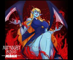  alternate_costume alternate_hair_length alternate_hairstyle arms_up aura bare_legs bare_shoulders blonde_hair blue_dress blue_skin bracelet breasts colored_extremities colored_skin commentary darkstalkers dress english_commentary english_text eyeshadow female genderswap_(mtf) hand_on_another&#039;s_ass hands_up ian_samson jedah_dohma jewelry knee_up legs lipstick long_eyebrows long_hair looking_at_viewer makeup midnight_bliss nail_polish official_alternate_costume official_alternate_hair_length official_alternate_hairstyle pointy_ears purple_eyeshadow red_eyes red_hands red_lips red_nails rule_63 sitting thick_thighs thighs wings 