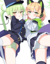  2girls absurdres animal_ear_headphones animal_ears black_skirt blonde_hair blue_archive blush cat_ear_headphones commentary_request fake_animal_ears frilled_skirt frills green_eyes green_hair green_halo green_panties halo headphones highres holding_hands hood hood_down hooded_jacket interlocked_fingers jacket long_hair long_sleeves midori_(blue_archive) multiple_girls nozomi_(blue_archive) open_mouth panties partial_commentary pleated_skirt pointy_ears polka_dot polka_dot_panties simple_background skirt striped_clothes striped_panties tail twintails underwear uro_kohara white_background white_panties yellow_eyes 