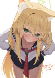  absurdres animal_ear_fluff animal_ears black_gloves black_skirt blonde_hair blue_archive breasts closed_mouth earosoligt female fox_ears gloves green_eyes green_halo hair_between_eyes halo hands_on_own_hips highres kurumi_(blue_archive) leaning_forward long_hair long_sleeves looking_at_viewer neckerchief pleated_skirt red_neckerchief shirt simple_background skirt small_breasts solo very_long_hair white_background white_shirt 