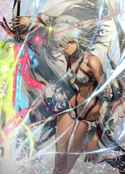  altera_(fate) bare_shoulders black_nails breasts dark-skinned_female dark_skin detached_sleeves fate/grand_order fate_(series) female fighting_stance full-body_tattoo highres holding holding_weapon kodama_(wa-ka-me) looking_at_viewer navel photon_ray_(fate) red_eyes revealing_clothes short_hair small_breasts solo tattoo weapon white_hair 