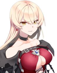  bare_shoulders black_coat black_shirt blonde_hair breasts cleavage coat collarbone cosplay cropped_shirt earrings female jewelry large_breasts long_hair nijisanji nui_sociere oerba_yun_fang shirt simple_background skin_fang solo tales_of_(series) tales_of_berseria taro_(tarotaro) upper_body velvet_crowe velvet_crowe_(cosplay) virtual_youtuber white_background yellow_eyes 