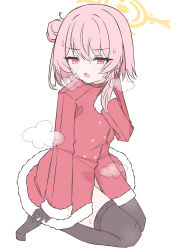  absurdres black_gloves black_pantyhose blue_archive blush coat female full_body fur-trimmed_coat fur_trim gloves hair_bun halo heavy_breathing highres long_sleeves looking_at_viewer mizusaki_(kn27) no_shoes official_alternate_costume open_mouth pantyhose pink_eyes pink_hair red_coat santa_costume serina_(blue_archive) serina_(christmas)_(blue_archive) short_hair simple_background single_side_bun sitting sleeves_past_wrists solo white_background yellow_halo 