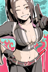  black_gloves breast_zipper breasts brown_hair cleavage fatal_fury fatal_fury:_city_of_the_wolves female gloves hand_fan hand_on_own_hip highres holding holding_fan jinbei midriff one_eye_closed orange_hair ponytail salute shiranui_mai smile two-finger_salute 