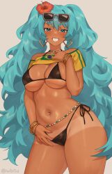  aqua_eyes aqua_hair bare_shoulders bikini black_bikini blush brazilian_flag_print brazilian_miku breasts cleavage earrings female grin hatsune_miku highres iwbitu jewelry large_breasts long_hair looking_at_viewer navel smile solo swimsuit tan thighs twintails vocaloid 