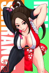  breasts brown_eyes brown_hair fatal_fury fatal_fury:_city_of_the_wolves female highres large_breasts looking_at_viewer revealing_clothes shihu_zou shiranui_mai smile snk_heroines:_tag_team_frenzy solo 