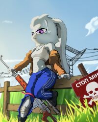  absurd_res adidas anthro bone cyrillic_text danger dragunov female fence grass gun hi_res lagomorph leporid lynda(noconcession) mammal noconcession plant rabbit ranged_weapon s.t.a.l.k.e.r. sign skull skull_head sky solo tall_grass text tourniquet weapon wounded 