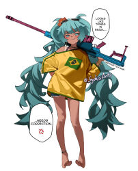  anger_vein aqua_eyes aqua_hair artist_name bead_anklet brazilian_flag_print brazilian_miku closed_mouth commentary dark-skinned_female dark_skin english_text fang_out feet female flower full_body hair_flower hair_ornament hatsune_miku highres holding holding_toy_gun long_hair looking_at_viewer oerba_yun_fang red_flower shirt short_sleeves simple_background smug solo speech_bubble standing sydus symbol-only_commentary toes toy_gun v-shaped_eyebrows very_long_hair vocaloid white-framed_eyewear white_background yellow_shirt 