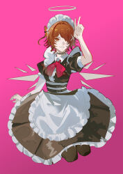  apron arknights arm_up black_dress bow collar detached_wings dress energy_wings exusiai_(arknights) female hair_ornament hair_over_one_eye halo highres looking_at_viewer maid maid_apron maid_headdress naoel_(naoel_art) one_eye_closed pink_background red_bow red_eyes red_hair short_hair smile solo spiked_collar spikes v wings x_hair_ornament 