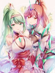  2girls bare_shoulders black_bodysuit bodysuit breasts character_name chest_jewel cleavage commentary_request core_crystal_(xenoblade) cosplay costume_switch dress glimmer_(xenoblade) glimmer_(xenoblade)_(cosplay) green_eyes green_hair high_ponytail highres large_breasts multiple_girls pneuma_(xenoblade) pneuma_(xenoblade)_(cosplay) red_eyes red_hair tiara ui_frara white_dress xenoblade_chronicles_(series) xenoblade_chronicles_2 xenoblade_chronicles_3 