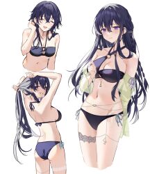  ass asymmetrical_bikini bead_belt belly_chain belt bikini black_bikini cross-laced_clothes cross-laced_sleeves female highres hikari_yui ichinose_uruha ichinose_uruha_(vspo!_summer_2024) jewelry long_sidelocks o-ring o-ring_belt o-ring_bikini o-ring_top official_alternate_costume simple_background solo swimsuit thigh_beads vspo! white_background 