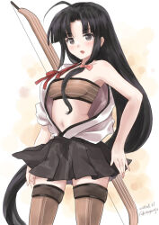  ahoge bandeau black_hair black_hakama blush bow_(weapon) breasts brown_eyes cowboy_shot female gloves gradient_background hachimaki hakama hakama_short_skirt hakama_skirt headband japanese_clothes kantai_collection kimono kitagawa_mikio long_hair looking_at_viewer low-tied_long_hair medium_breasts muneate open_clothes open_kimono partially_fingerless_gloves pleated_skirt ribbon shouhou_(kancolle) skirt smile solo tasuki thighhighs very_long_hair weapon white_background yugake 