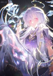  chromatic_aberration colored_eyelashes commentary dress female grey_hair hair_ornament halo hands_up harr_py highres id_card jacket long_hair mornye_(wuthering_waves) purple_dress red_eyes robot see-through_body solo white_jacket wuthering_waves 