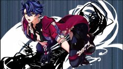  1boy :o all_fours bent_over blue_hair character_name commentary_request e?_aa_sou._(vocaloid) full_body green_eyes hair_between_eyes highres honkai:_star_rail honkai_(series) jacket looking_at_viewer lower_teeth_only male_focus red_jacket sampo_koski short_hair solo teeth yuuri0902_12 