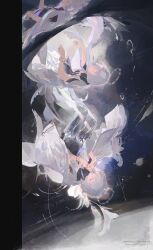  absurdres ahriii closed_eyes commentary dress earrings equation female grey_hair halo highres jacket jewelry long_hair mornye_(wuthering_waves) multiple_views purple_dress see-through_body sideways symbol-only_commentary white_jacket wuthering_waves 