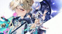  1boy 2girls absurdres black_skirt blonde_hair blowing_bubble_gum braid braided_bangs breasts bruno_kerling chewing_gum commentary english_commentary grey_hair hair_ornament halo hand_up headphones headphones_around_neck highres holding holographic_interface id_card jacket long_hair lynae_(wuthering_waves) male_rover_(wuthering_waves) medium_breasts mornye_(wuthering_waves) multicolored_hair multiple_girls purple_eyes rover_(wuthering_waves) shirt shirt_tucked_in skirt skull_hair_ornament spray_can streaked_hair white_jacket white_shirt wuthering_waves 