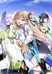  1boy 3girls absurdres black_gloves black_hair black_skirt blonde_hair blue_sky braid braided_bangs breasts cleaning cleavage cliov colored_eyelashes commentary day dual_persona earrings female_rover_(wuthering_waves) gloves grey_hair hair_between_eyes hair_ornament hair_over_one_eye halo hashtag-only_commentary headphones highres holding holding_hose holding_sponge hose jacket jealous jewelry long_hair looking_at_viewer lynae_(wuthering_waves) male_rover_(wuthering_waves) medium_breasts mornye_(wuthering_waves) multiple_girls necklace open_mouth pov pov_hands red_eyes rover_(wuthering_waves) shirt shirt_tucked_in skirt skull_hair_ornament sky sleeves_rolled_up smile solo_focus sponge star_(symbol) star_earrings tacet_mark_(wuthering_waves) thighs triangle_earrings white_jacket white_shirt wuthering_waves yellow_eyes 