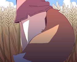  blue_sky day english_commentary female highres holo lower_body naked_shirt no_panties orenjipiiru outdoors revision shirt sky solo spice_and_wolf tail thigh_focus wheat wheat_field wolf_girl wolf_tail 