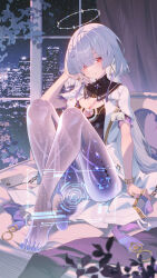  absurdres barefoot breasts cellphone cleavage closed_mouth colored_eyelashes commentary dress earrings feet female grey_hair hair_ornament halo hand_up heiyizhushenxia highres holographic_interface id_card indoors jacket jewelry knees_up long_hair looking_at_viewer medium_breasts mornye_(wuthering_waves) night phone purple_dress red_eyes see-through_body sitting smartphone solo toes triangle_earrings white_jacket wuthering_waves 