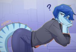  2026 abstract_background anthro artist_name ass baryonyx bent_over blue_body blue_hair blue_scales bottomwear cavemanon_studios clothing denim denim_bottomwear denim_clothing digital_drawing_(artwork) digital_media_(artwork) dinosaur grey_clothing grey_eyes grey_jacket grey_topwear hair hi_res jack_(snoot_game) jacket jeans leaning leaning_forward long_tail looking_at_viewer male pants prehistoric_species question_mark reptile saurischian scales scalie seven_(artist) short_hair snoot_game snout solo spiked_tail spikes spikes_(anatomy) spinosaurid tail text theropod topwear watermark 