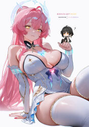  2girls absurdres aemeath_(wuthering_waves) ahoge arm_support bare_shoulders black_hair breasts chibi chokopaii cleavage closed_mouth colored_inner_hair commentary detached_collar detached_sleeves earrings elbow_gloves english_commentary female_rover_(wuthering_waves) gloves halo highres jewelry large_breasts leotard long_hair low_ponytail mole mole_on_shoulder multicolored_hair multiple_girls paid_reward_available patreon_username pink_hair ponytail rover_(wuthering_waves) showgirl_skirt simple_background sitting skindentation skirt star-shaped_pupils star_(symbol) symbol-shaped_pupils tacet_mark_(wuthering_waves) thighhighs triangle_earrings very_long_hair white_background white_gloves white_leotard white_skirt white_thighhighs wuthering_waves yellow_eyes 