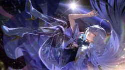  absurdres colored_eyelashes commentary_request dress female grey_hair halo hand_up high_heels highres id_card jacket long_hair mornye_(wuthering_waves) parted_lips planet purple_dress red_eyes see-through_body smile solo space tacet_mark_(wuthering_waves) takahashi_suika twitter_username white_jacket wuthering_waves 