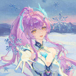 aemeath_(wuthering_waves) ahoge bare_shoulders breasts chinese_text cicimilu commentary_request elbow_gloves female gloves hair_ornament highres long_hair looking_at_viewer making-of_available medium_breasts mole mole_on_shoulder offering_hand open_mouth outdoors pink_hair ponytail signature smile snowflakes solo star-shaped_pupils star_(symbol) symbol-shaped_pupils tacet_mark_(wuthering_waves) upper_body white_gloves wuthering_waves yellow_eyes 