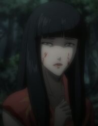  black_hair blood grey_eyes highres japanese_clothes kimono kuromitsu kurozuka long_hair red_lipstick screencap solo vampire 