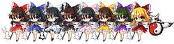  6+girls alternate_color animal_ears animalization black_eyes black_hair blonde_hair blue_eyes blue_hair bow brown_eyes brown_hair chibi closed_mouth commentary_request detached_sleeves dress fox gohei green_hair grey_eyes grey_hair hair_ornament hair_tubes hairbow hakurei_reimu hakurei_reimu_(fox) highres hopeless_masquerade japanese_clothes long_hair long_sleeves multiple_girls multiple_persona pink_eyes player_2 purple_eyes ribbon simple_background skirt tail touhou white_background white_sleeves wide_image yin_yang ys_(fall) 