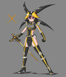  belt black_dress bracer breastplate crest dress emblem facial_mark garter_straps gloves headpiece high_heels kamen_rider kamen_rider_555 kamen_rider_kaixa knee_pads loincloth multicolored_hair purple_eyes quad_tails rider-tan ringed_eyes shoulder_pads simple_background sword thighhighs tsukushi two-tone_hair two-toned_hair weapon 