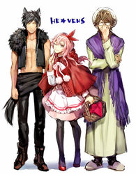  3boys animal_ears bad_id bad_pixiv_id basket big_bad_wolf big_bad_wolf_(cosplay) black_legwear brown_hair cosplay crossdressing dress full_body glasses grandmother_(little_red_riding_hood) grandmother_(little_red_riding_hood)_(cosplay) grey_eyes grimm&#039;s_fairy_tales hair_ribbon hat ichinose777 little_red_riding_hood little_red_riding_hood_(grimm) little_red_riding_hood_(grimm)_(cosplay) male_focus mikado_nagi mob_cap multiple_boys ootori_eiichi otoko_no_ko pantyhose pink_hair ribbon slippers smile sumeragi_kira tail uta_no_prince-sama uta_no_prince-sama_maji_love_2000_percent vest wolf_ears wolf_tail yellow_eyes 