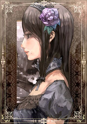  brown_eyes brown_hair commentary_request female flower gothic_lolita hair_flower hair_ornament hairband lips lolita_fashion long_hair mole mole_under_mouth original photoshop_(medium) profile shigureteki solo upper_body 