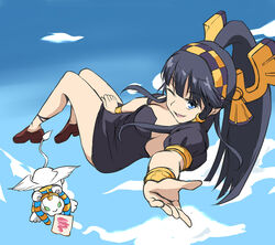  black_hair blue_eyes bread bread_slice cloud commentary_request day den_(kur0_yuki) dress dress_tug evolution female floating food foreshortening hair_tubes hairband high_ponytail legs looking_at_viewer midair mouth_hold nephthys_(p&amp;d) no_socks one_eye_closed outstretched_hand photoshop_(medium) ponytail puzzle_&amp;_dragons shoes sky solo sphinx sphinx_(p&amp;d) thighs toast winged_hairband wings wristlet 