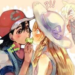  2boys anger_vein baseball_cap black_hair blonde_hair blush braid brother_and_sister dark-skinned_male dark_skin eating female gladion_(pokemon) hat heads_together highres kash-phia lillie_(pokemon) long_hair multiple_boys poke_bean pokemon pokemon_(anime) pokemon_sm_(anime) satoshi_(pokemon) sharing_food short_hair siblings spoilers straight sun_hat tan third-party_edit twin_braids 