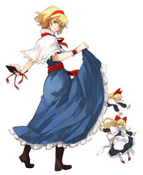  alice_margatroid blonde_hair blue_eyes book boots capelet commentary_request dress female full_body green_eyes hairband open_book sash shanghai_doll short_hair simple_background skirt_hold solo totteri touhou white_background 