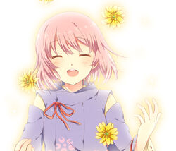  blush closed_eyes commentary_request facing_viewer female flower harukanaru_toki_no_naka_de harukanaru_toki_no_naka_de_1 heian kawakami_tomoko motomiya_akane open_mouth pink_hair short_hair simple_background smile solo touon white_background 