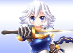  armor blue_eyes commentary_request farrah_(granblue_fantasy) female granblue_fantasy highres short_hair solo sword takasimareki weapon white_hair 