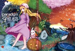  alice_in_wonderland barefoot blonde_hair cherry_blossoms commentary_request cover cover_page female ginkgo_tree hat maribel_hearn mob_cap moni_(credo) purple_eyes seasons snowman touhou 