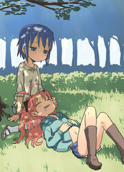  2girls blue_eyes blue_hair boots bow commentary_request drooling hairbow hand_on_another&#039;s_cheek hand_on_another&#039;s_face highres long_hair mahou_shoujo_madoka_magica mahou_shoujo_madoka_magica_(anime) miki_sayaka multiple_girls nametake navel photoshop_(medium) red_hair sakura_kyoko short_hair shorts sleeping 