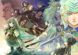  4girls 6+boys alicia_(valkyrie_profile_2) armor arngrim black_hair brahms brown_hair character_request commentary_request everyone expressionless feathers gloves green_eyes hairband headband helmet hrist_valkyrie lenneth_valkyrie lezard_valeth multiple_boys multiple_girls rufus_(valkyrie_profile) silmeria_valkyrie skirt sutehiko sword valkyrie_profile_(series) valkyrie_profile_2:_silmeria weapon 